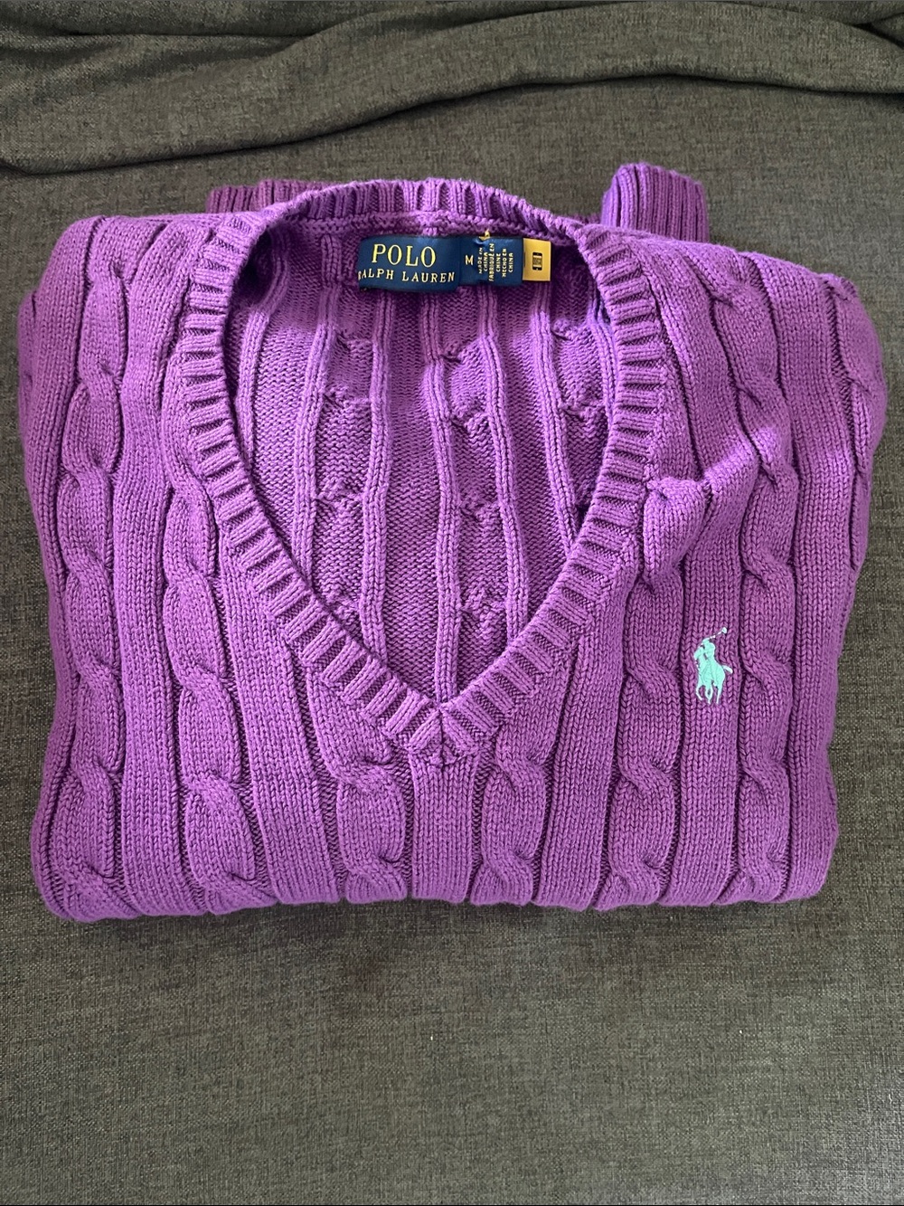 Polo by Ralph Lauren Violet Cable-Knit V-Neck Sweater with Mint Pony